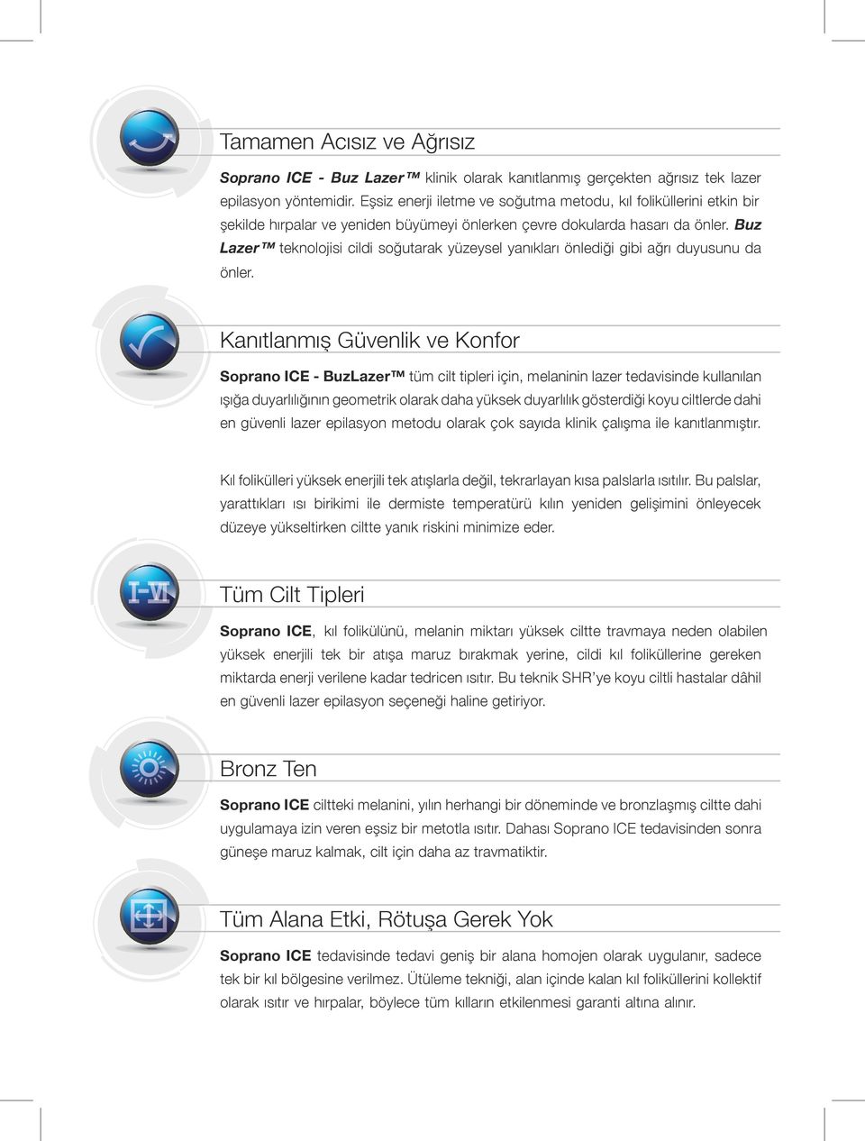 Buz Lazer teknolojisi cildi soğutarak yüzeysel yanıkları önlediği gibi ağrı duyusunu da önler.