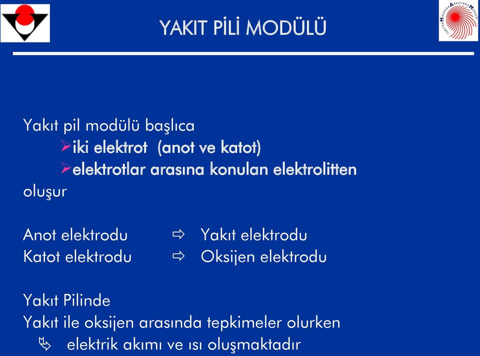 elektrodu Katot elektrodu Yakıt elektrodu Oksijen elektrodu Yakıt