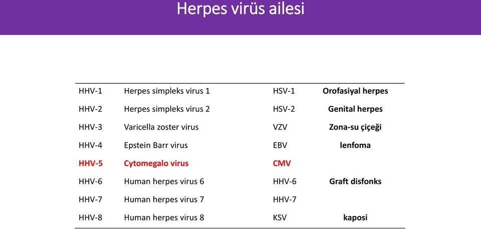 HHV-4 Epstein Barr virus EBV lenfoma HHV-5 Cytomegalo virus CMV HHV-6 Human herpes virus