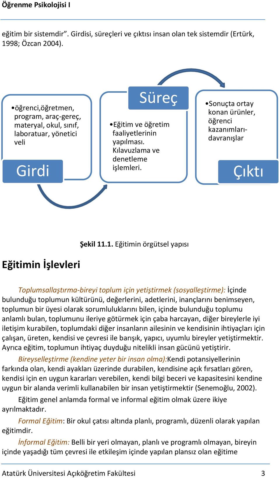 Sonuçta ortay konan ürünler, öğrenci kazanımlarıdavranışlar Çıktı Eğitimin İşlevleri Şekil 11