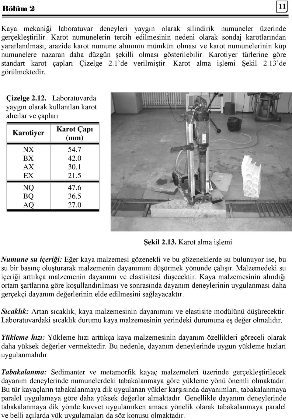 olması gösterilebilir. Karotiyer türlerine göre standart karot çapları Çizelge 2.1 de verilmiştir. Karot alma işlemi Şekil 2.13 de görülmektedir. Çizelge 2.12.