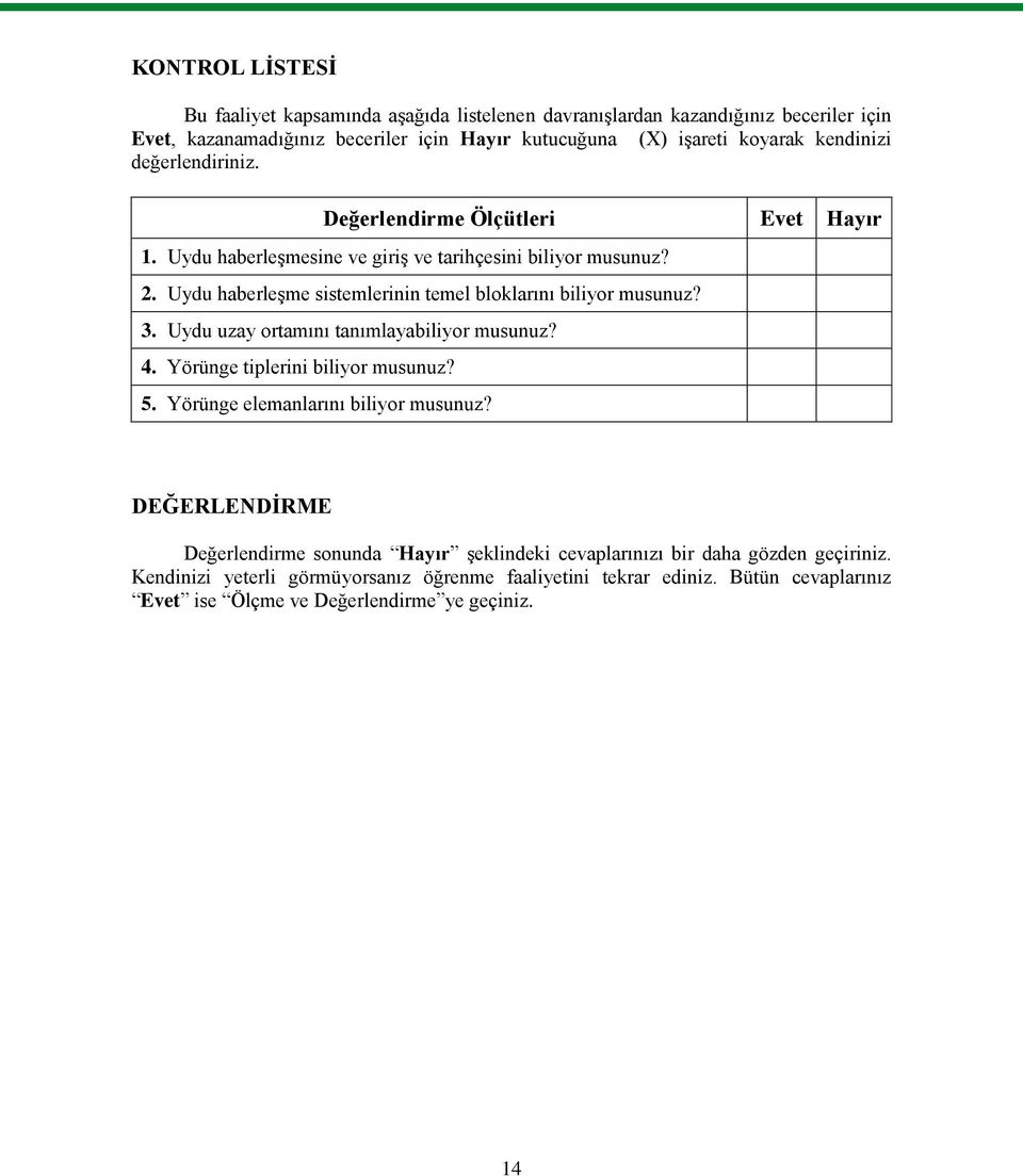 Uydu haberleşme sistemlerinin temel bloklarını biliyor musunuz? 3. Uydu uzay ortamını tanımlayabiliyor musunuz? 4. Yörünge tiplerini biliyor musunuz? 5.