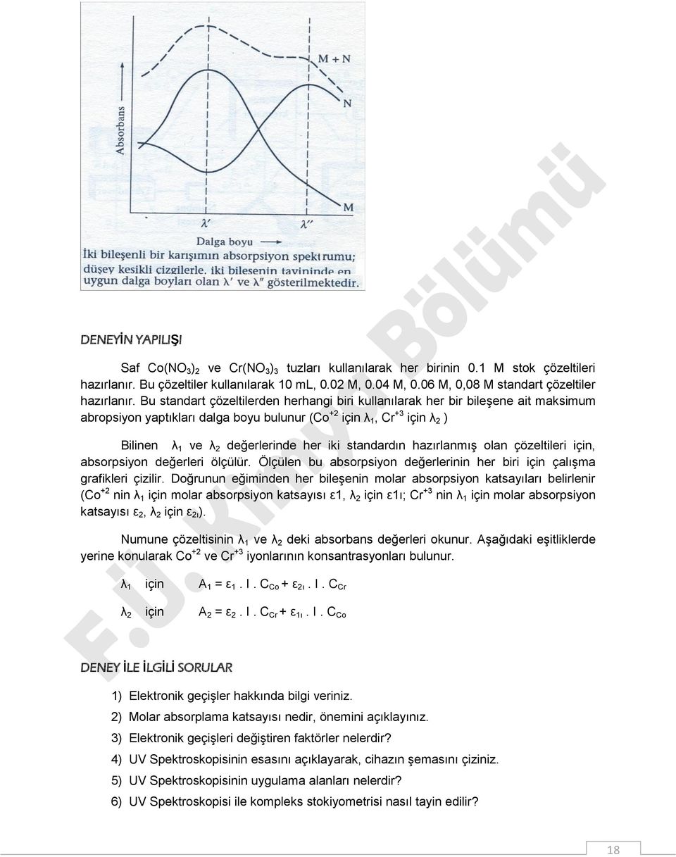 Bu standart çözeltilerden herhangi biri kullanılarak her bir bileşene ait maksimum abropsiyon yaptıkları dalga boyu bulunur (Co +2 için λ 1, Cr +3 için λ 2 ) Bilinen λ 1 ve λ 2 değerlerinde her iki