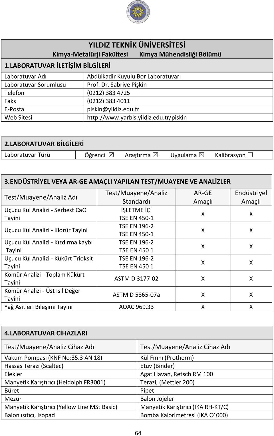 tr/piskin Laboratuvar Türü Öğrenci Araştırma Uygulama Kalibrasyon Test/Muayene/Analiz AR-GE Endüstriyel Uçucu Kül Analizi - Serbest CaO İŞLETME İÇİ Tayini TSE EN 450-1 Uçucu Kül Analizi - Klorür