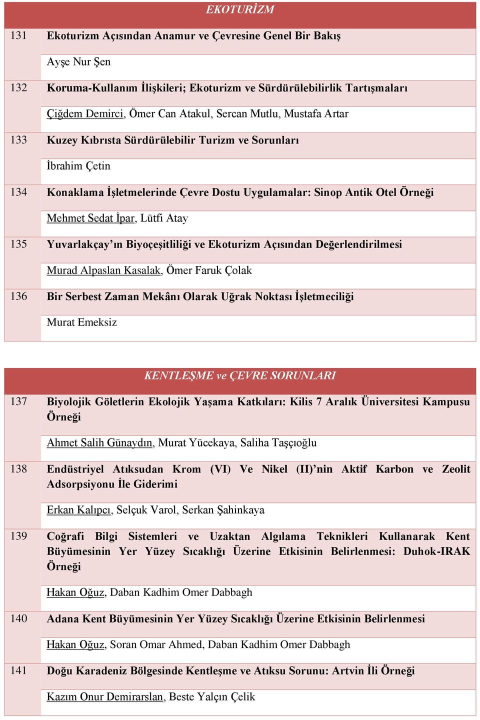 135 Yuvarlakçay ın Biyoçeşitliliği ve Ekoturizm Açısından Değerlendirilmesi Murad Alpaslan Kasalak, Ömer Faruk Çolak 136 Bir Serbest Zaman Mekânı Olarak Uğrak Noktası İşletmeciliği Murat Emeksiz