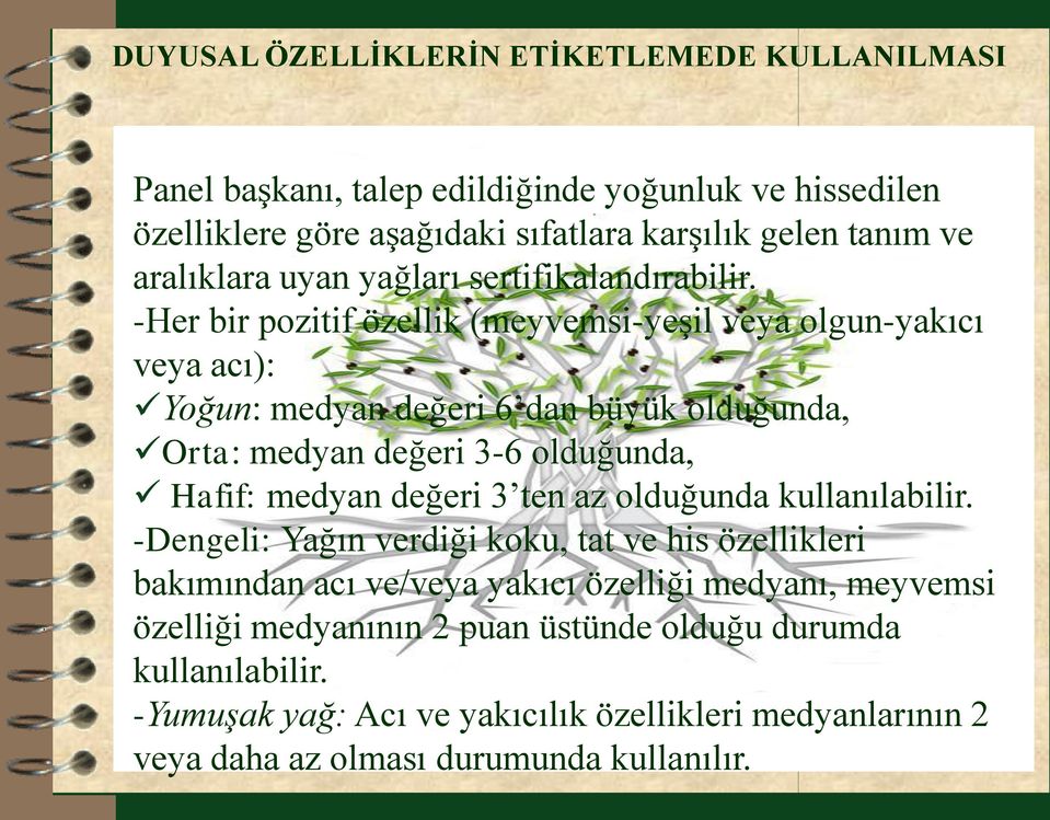 -Her bir pozitif özellik (meyvemsi-yeşil veya olgun-yakıcı veya acı): Yoğun: medyan değeri 6 dan büyük olduğunda, Orta: medyan değeri 3-6 olduğunda, Hafif: medyan değeri 3