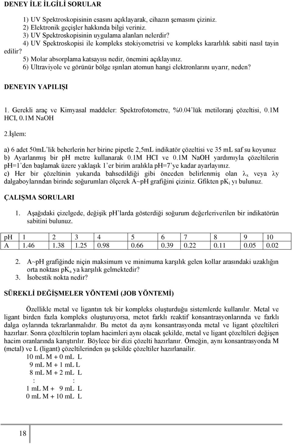 6) Ultraviyole ve görünür bölge ışınları atomun hangi elektronlarını uyarır, neden? DENEYIN YAPILIġI 1. Gerekli araç ve Kimyasal maddeler: Spektrofotometre, %0.04 lük metiloranj çözeltisi, 0.