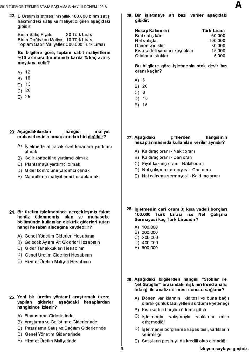 000 Türk Lirası Bu bilgilere göre, toplam sabit maliyetlerin %10 artması durumunda kârda % kaç azalış meydana gelir? A) 12 B) 10 C) 15 D) 20 E) 25 26.