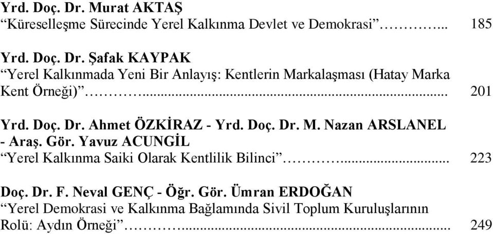 Yavuz ACUNGİL Yerel Kalkınma Saiki Olarak Kentlilik Bilinci... 223 Doç. Dr. F. Neval GENÇ - Öğr. Gör.