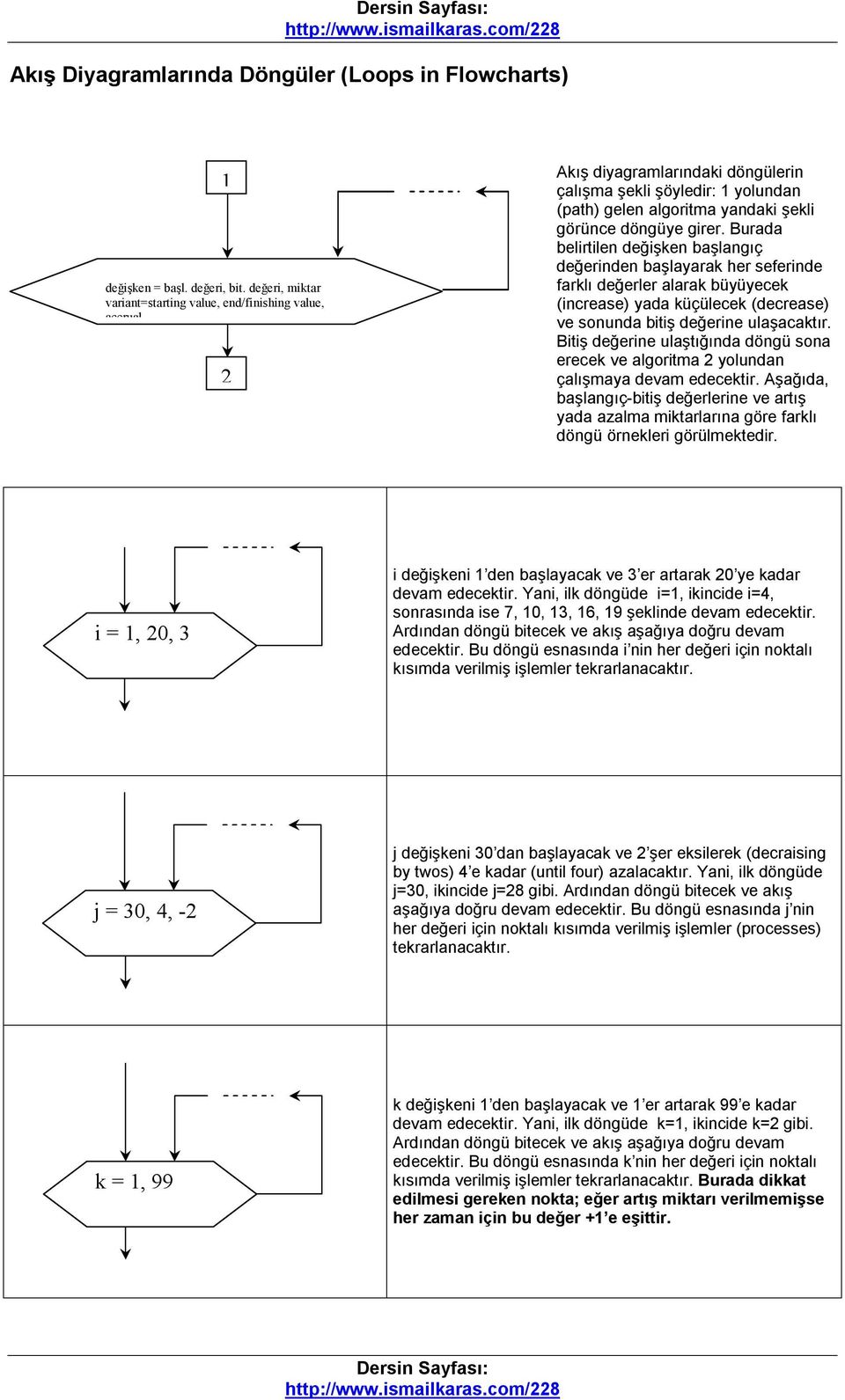 Burada belirtilen değişken başlangıç değerinden başlayarak her seferinde farklı değerler alarak büyüyecek (increase) yada küçülecek (decrease) ve sonunda bitiş değerine ulaşacaktır.