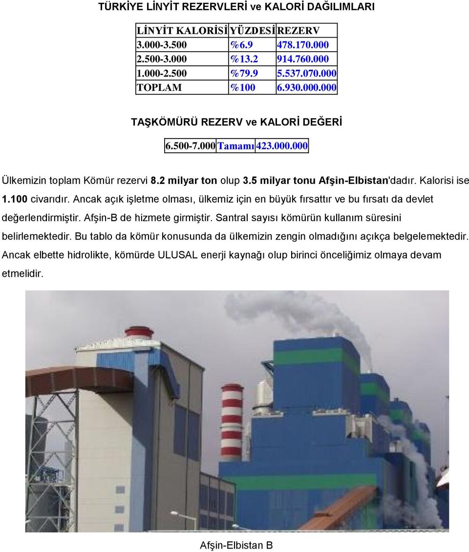 Ancak açık işletme olması, ülkemiz için en büyük fırsattır ve bu fırsatı da devlet değerlendirmiştir. Afşin-B de hizmete girmiştir. Santral sayısı kömürün kullanım süresini belirlemektedir.