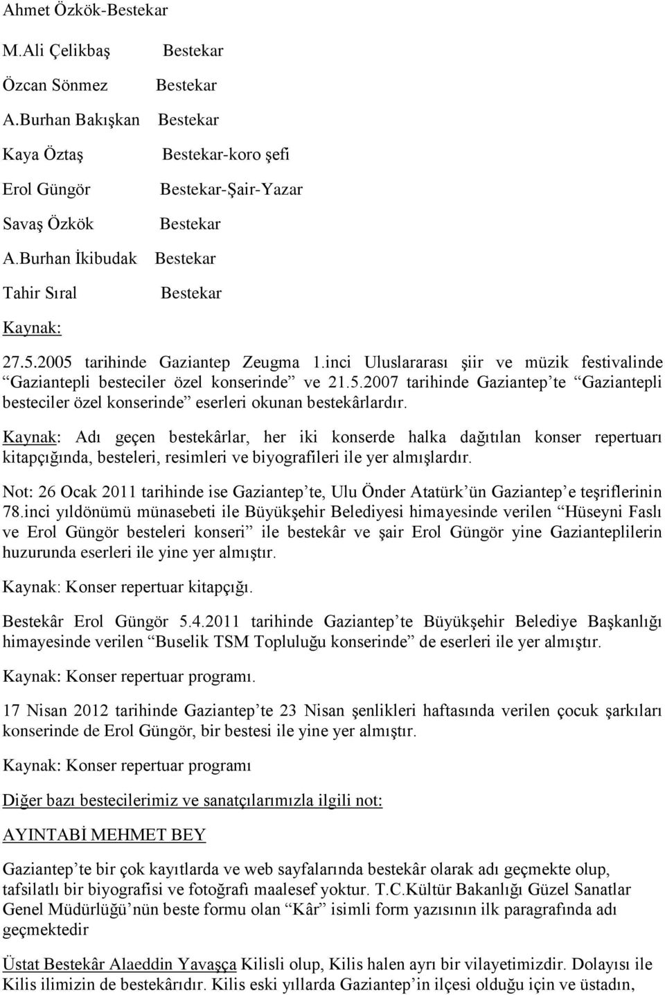 Kaynak: Adı geçen bestekârlar, her iki konserde halka dağıtılan konser repertuarı kitapçığında, besteleri, resimleri ve biyografileri ile yer almışlardır.