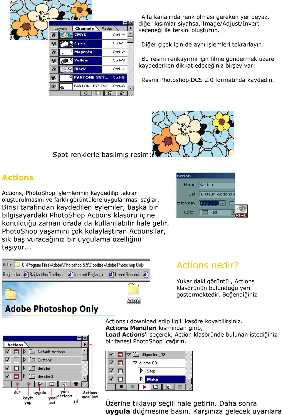 Spot renklerle basılmış resim: Actions Actions, PhotoShop işlemlerinin kaydedilip tekrar oluşturulmasını ve farklı görüntülere uygulanması sağlar.