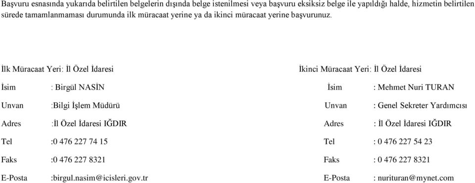 İlk Müracaat Yeri: İl Özel İdaresi İkinci Müracaat Yeri: İl Özel İdaresi İsim : Birgül NASİN İsim : Mehmet Nuri TURAN Unvan :Bilgi İşlem Müdürü Unvan :