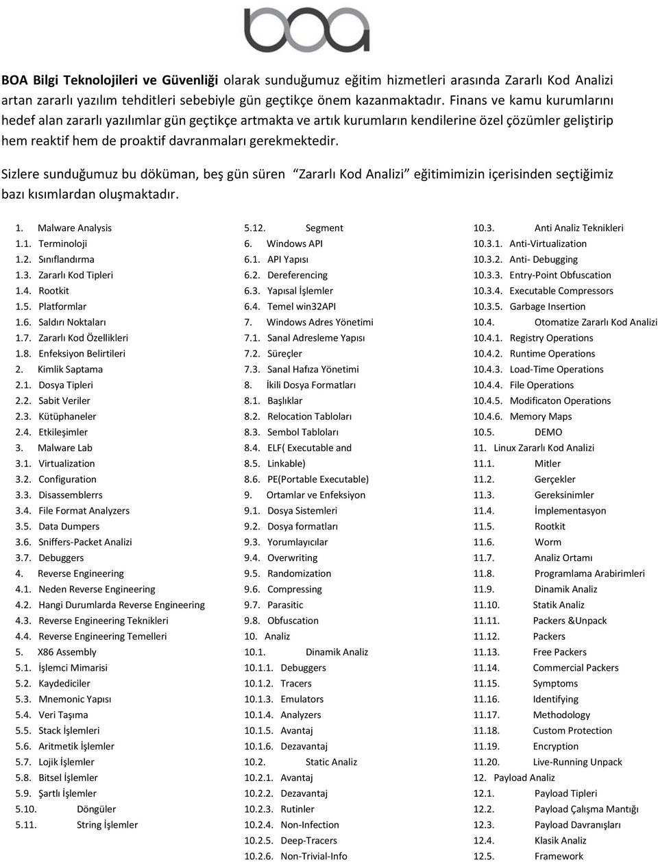 Sizlere sunduğumuz bu döküman, beş gün süren Zararlı Kod Analizi eğitimimizin içerisinden seçtiğimiz bazı kısımlardan oluşmaktadır. 1. Malware Analysis 5.12. Segment 10.3. Anti Analiz Teknikleri 1.1. Terminoloji 6.