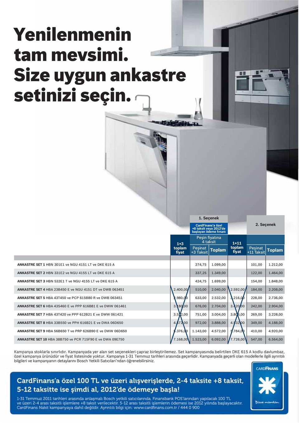 Seçenek Peşinat +11 Taksit Toplam ANKASTRE SET 1 HBN 301E1 ve NGU 4151 LT ve DKE 615 A ANKASTRE SET 2 HBN 331E2 ve NGU 4155 LT ve DKE 615 A ANKASTRE SET 3 HBN 532E1 T ve NGU 4155 LT ve DKE 615 A