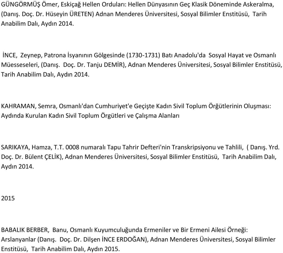 İNCE, Zeynep, Patrona İsyanının Gölgesinde (1730-1731) Batı Anadolu'da Sosyal Hayat ve Osmanlı Müesseseleri, (Danış. Doç. Dr.