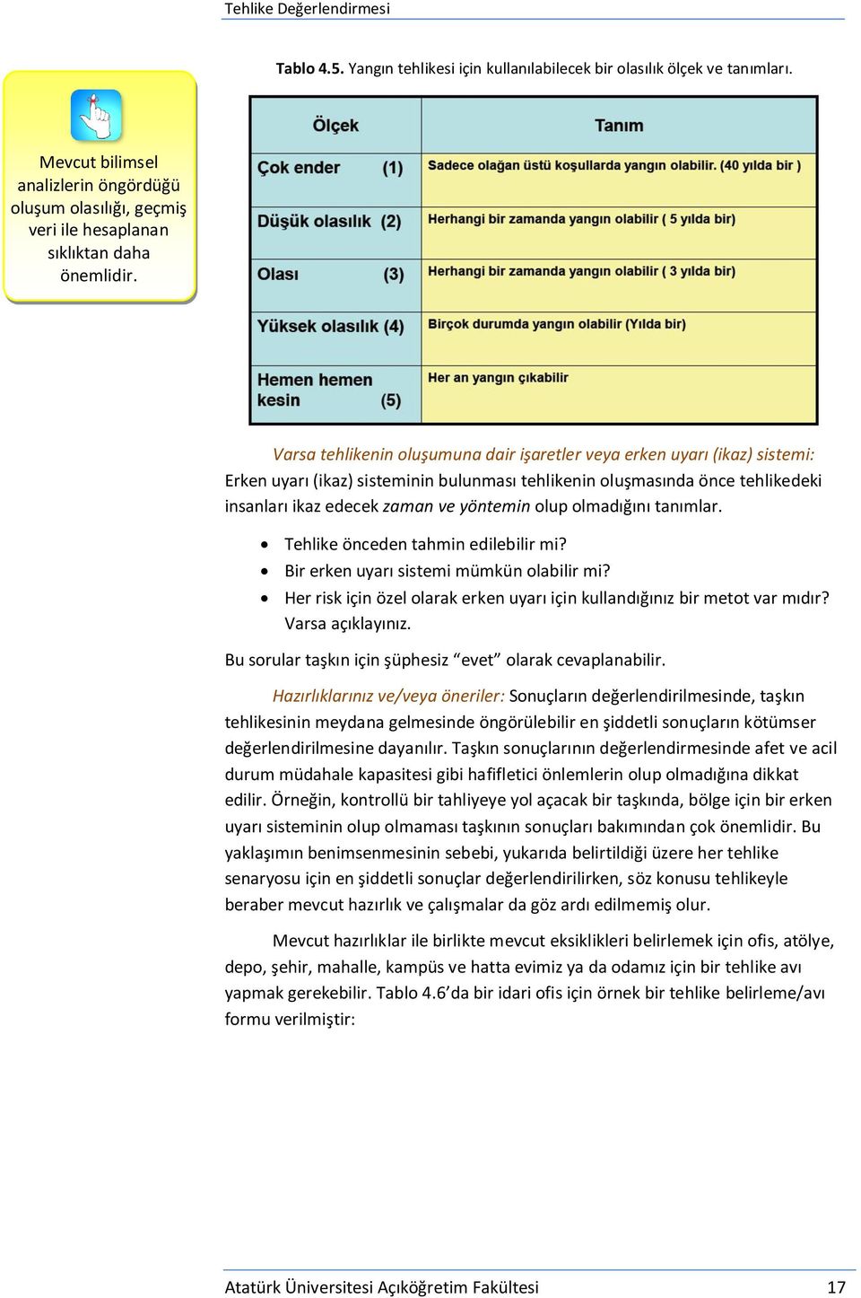 olmadığını tanımlar. Tehlike önceden tahmin edilebilir mi? Bir erken uyarı sistemi mümkün olabilir mi? Her risk için özel olarak erken uyarı için kullandığınız bir metot var mıdır? Varsa açıklayınız.