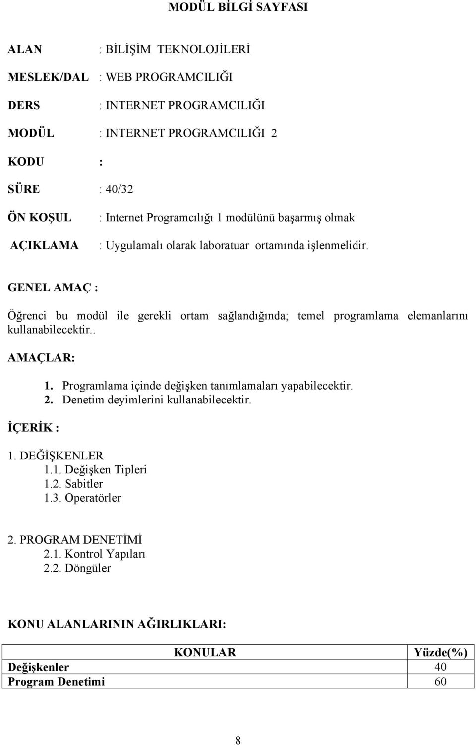 GENEL AMAÇ : Öğrenci bu modül ile gerekli ortam sağlandığında; temel programlama elemanlarını kullanabilecektir.. AMAÇLAR: İÇERİK : 1.