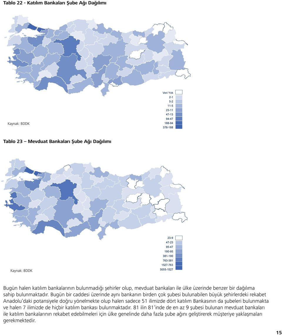 bulunmadığı şehirler olup, mevduat bankaları ile ülke üzerinde benzer bir dağılıma sahip bulunmaktadır.