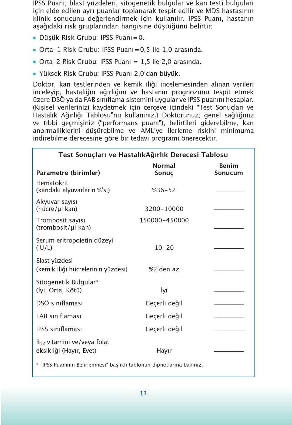 Orta-2 Risk Grubu: IPSS Puanı = 1,5 ile 2,0 arasında. Yüksek Risk Grubu: IPSS Puanı 2,0ʼdan büyük.