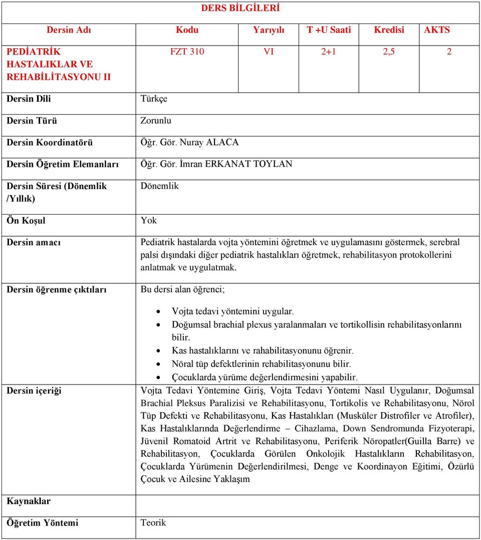 İmran ERKANAT TOYLAN Dönemlik Pediatrik hastalarda vojta yöntemini öğretmek ve uygulamasını göstermek, serebral palsi dışındaki diğer pediatrik hastalıkları öğretmek, rehabilitasyon protokollerini