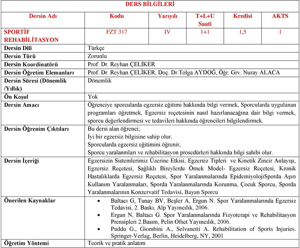 vermek, sporcu değerlendirmesi ve tedavileri hakkında öğrencileri bilgilendirmek. Dersin Öğrenim Çıktıları Bu dersi alan öğrenci; İyi bir egzersiz bilgisine sahip olur.