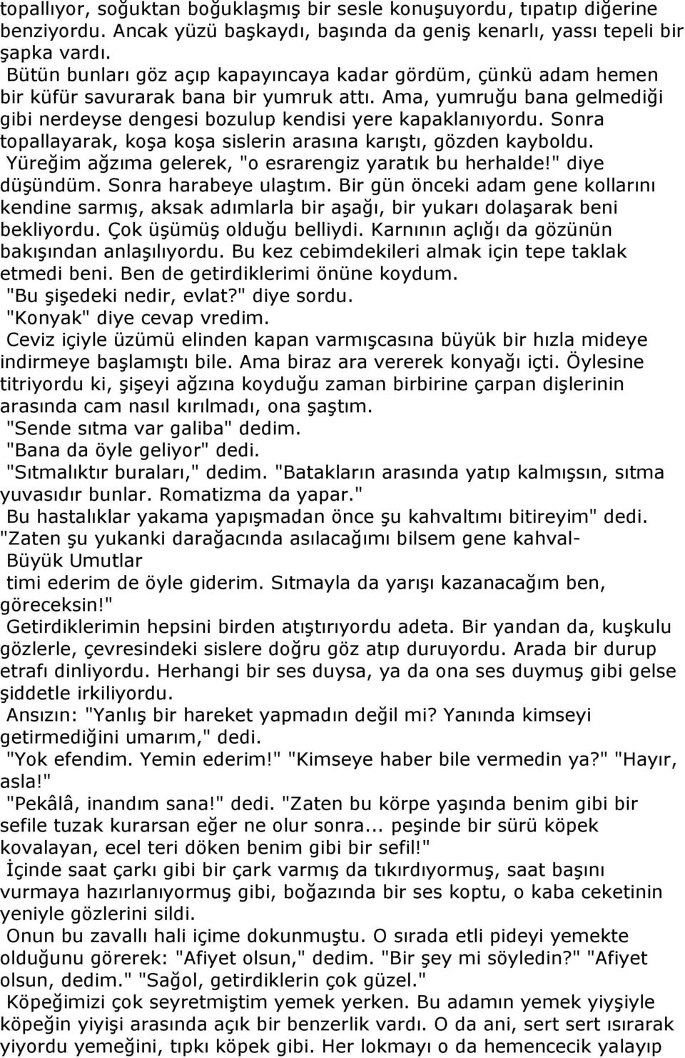 Sonra topallayarak, koşa koşa sislerin arasına karıştı, gözden kayboldu. Yüreğim ağzıma gelerek, "o esrarengiz yaratık bu herhalde!" diye düşündüm. Sonra harabeye ulaştım.