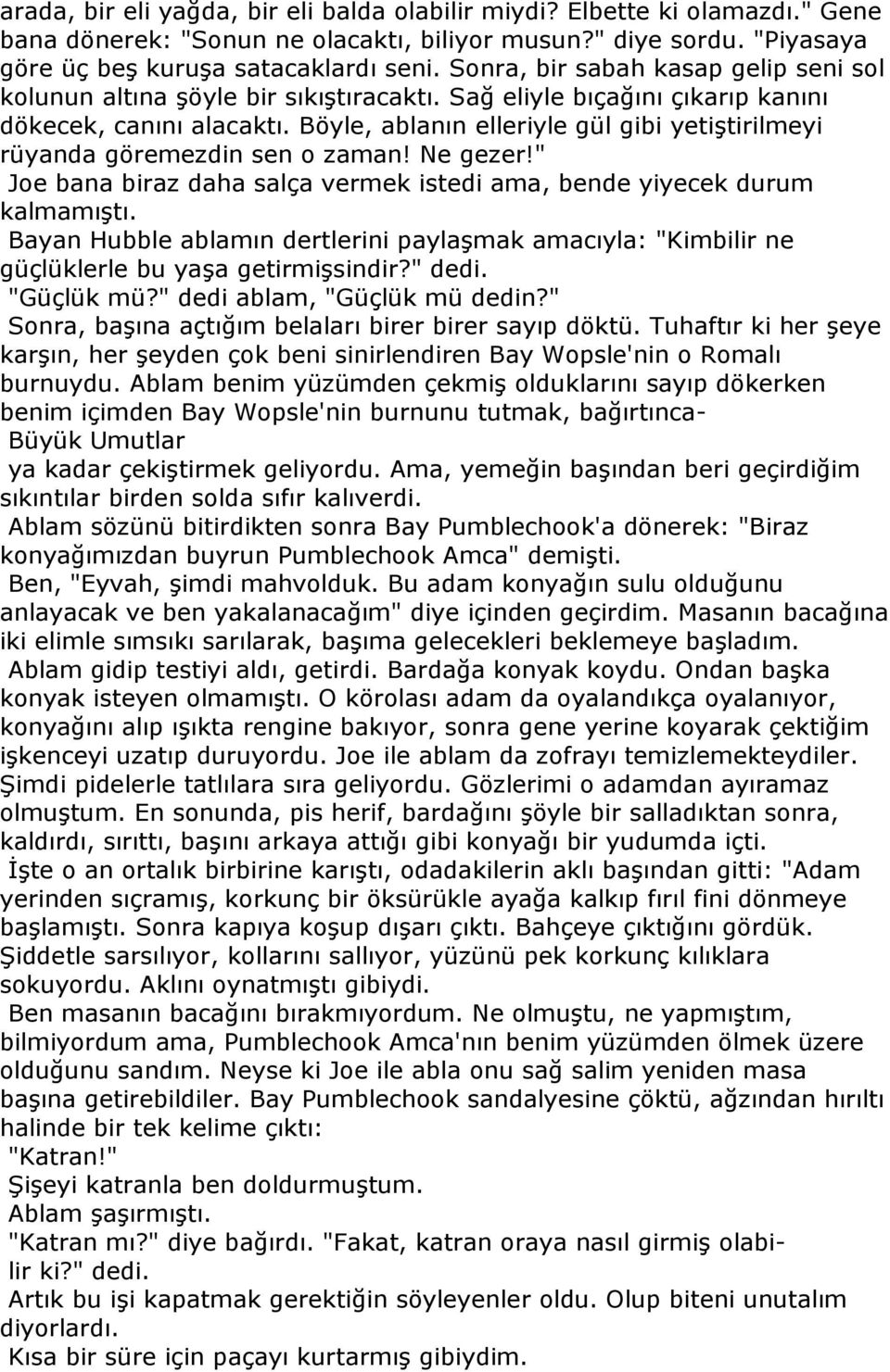 Böyle, ablanın elleriyle gül gibi yetiştirilmeyi rüyanda göremezdin sen o zaman! Ne gezer!" Joe bana biraz daha salça vermek istedi ama, bende yiyecek durum kalmamıştı.