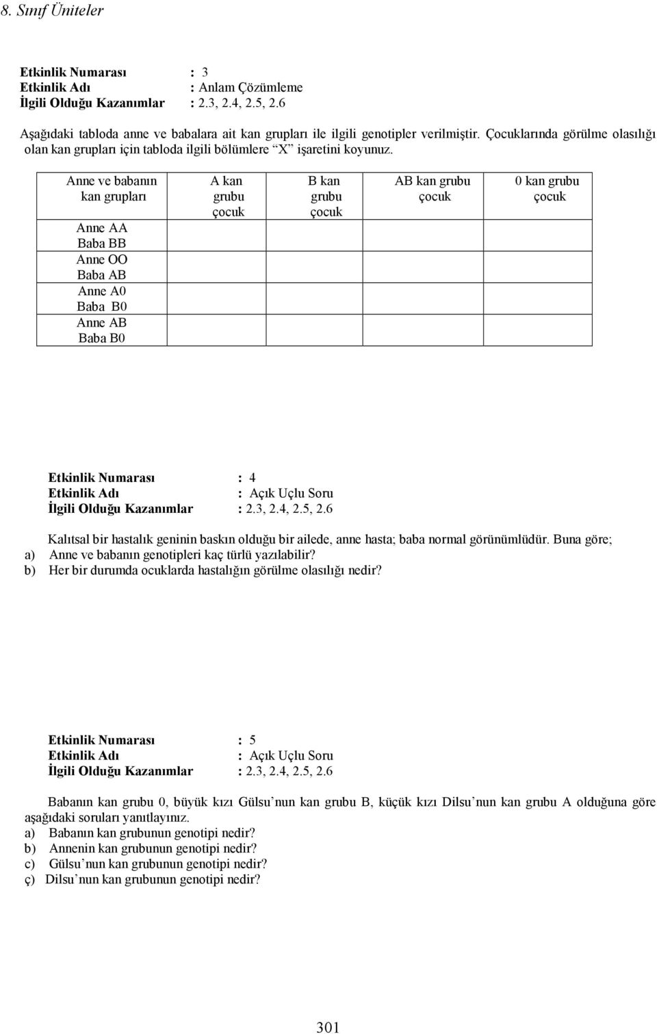 Anne ve babanın kan grupları Anne AA Baba BB Anne OO Baba AB Anne A0 Baba B0 Anne AB Baba B0 A kan grubu çocuk B kan grubu çocuk AB kan grubu çocuk 0 kan grubu çocuk Etkinlik umarası : 4 Etkinlik Adı