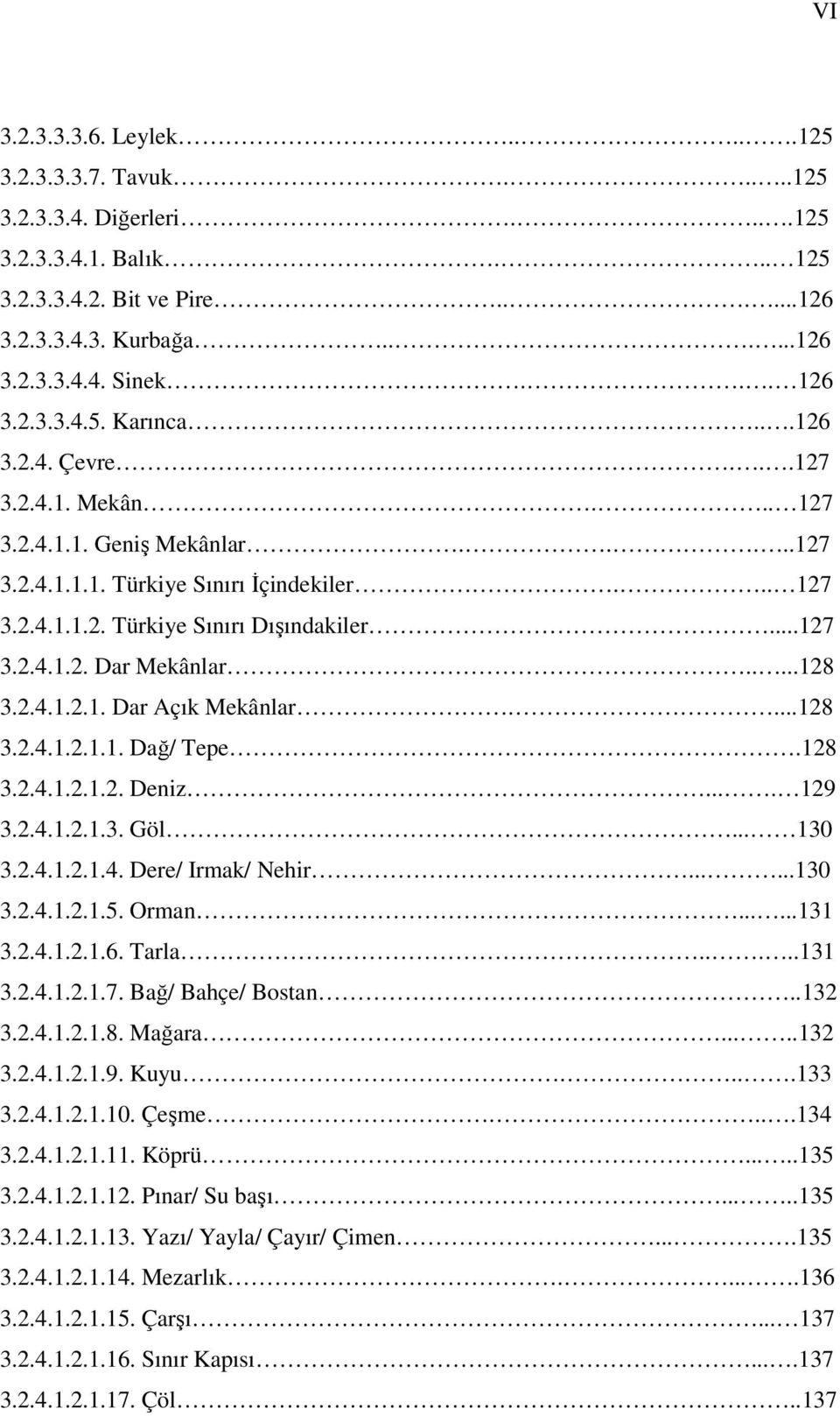 ..127 3.2.4.1.2. Dar Mekânlar.....128 3.2.4.1.2.1. Dar Açık Mekânlar....128 3.2.4.1.2.1.1. Dağ/ Tepe.128 3.2.4.1.2.1.2. Deniz.... 129 3.2.4.1.2.1.3. Göl... 130 3.2.4.1.2.1.4. Dere/ Irmak/ Nehir......130 3.2.4.1.2.1.5.