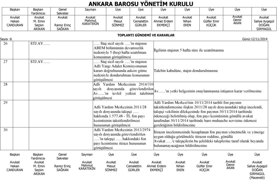 ..'in stajının Adli Yargı Adalet Komisyonunun kararı doğrultusunda askere gitme Talebin kabulüne, stajın dondurulmasına nedeniyle dondurulması konusunun görüşülmesi 28 Adli Yardım Merkezinin 2014/310