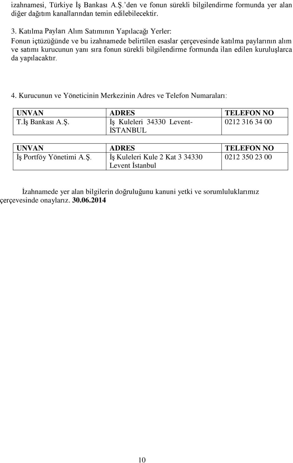 bilgilendirme formunda ilan edilen kuruluşlarca da yapılacaktır. 4. Kurucunun ve Yöneticinin Merkezinin Adres ve Telefon Numaraları: UNVAN ADRES TELEFON NO T.İş Bankası A.Ş.