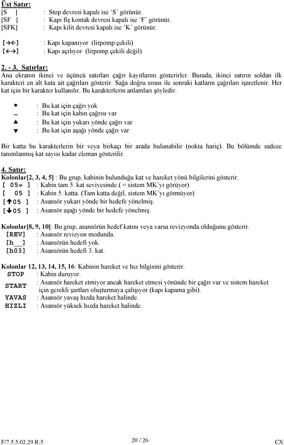 Burada, ikinci satırın soldan ilk karakteri en alt kata ait çağrıları gösterir. Sağa doğru sırası ile sonraki katların çağrıları işaretlenir. Her kat için bir karakter kullanılır.