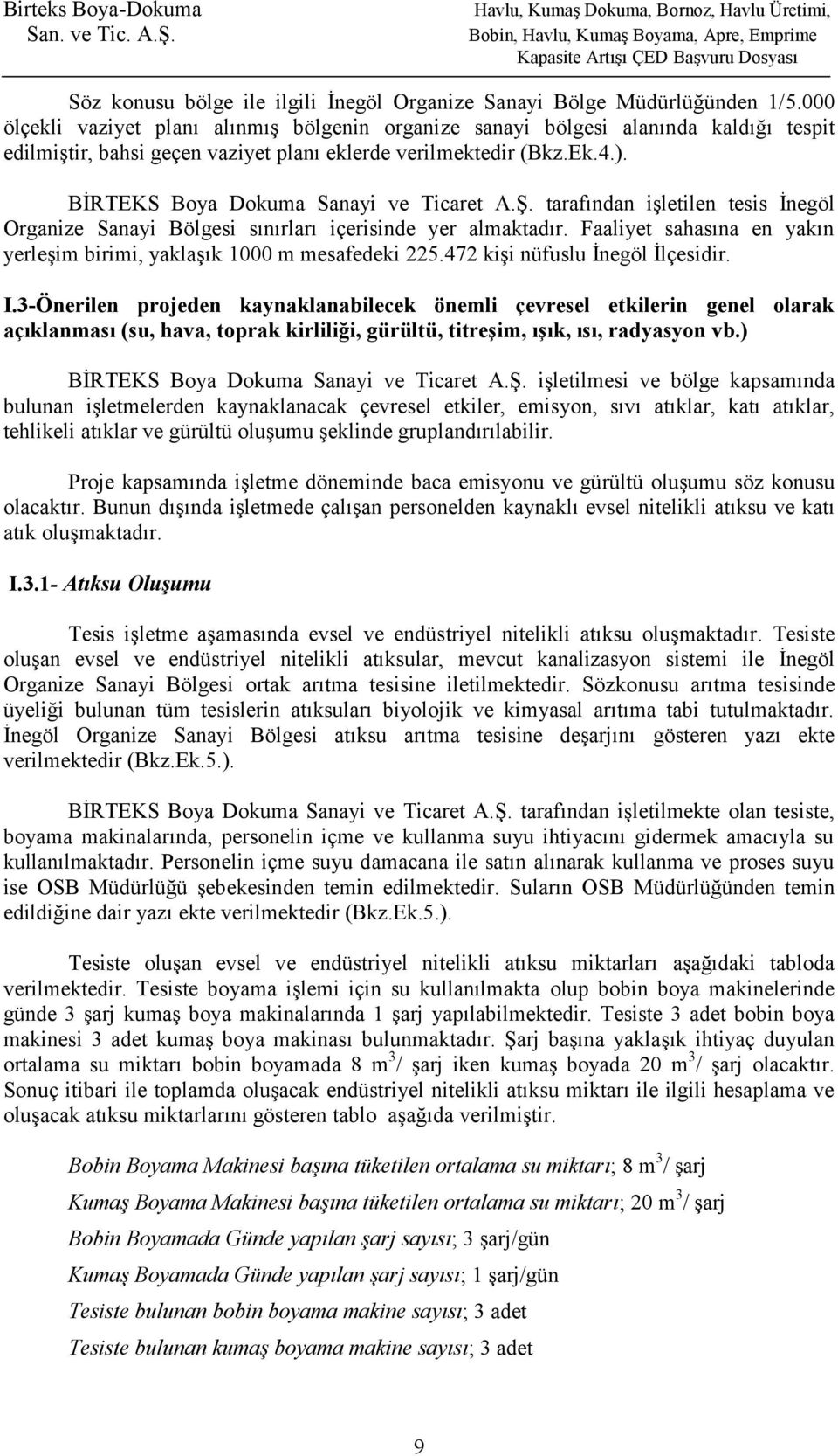 BİRTEKS Boya Dokuma Sanayi ve Ticaret A.Ş. tarafından işletilen tesis İnegöl Organize Sanayi Bölgesi sınırları içerisinde yer almaktadır.