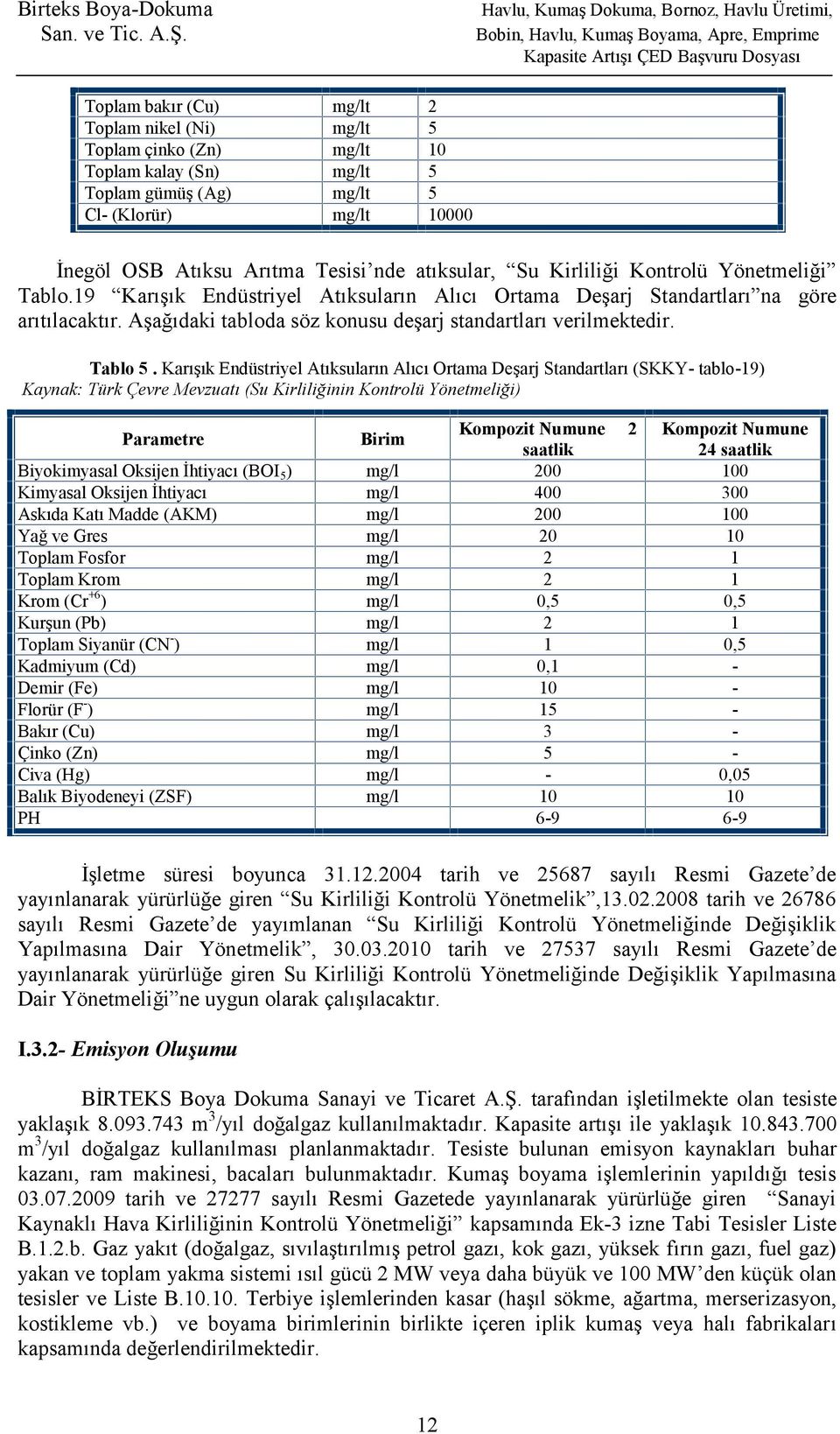 Aşağıdaki tabloda söz konusu deşarj standartları verilmektedir. Tablo 5.