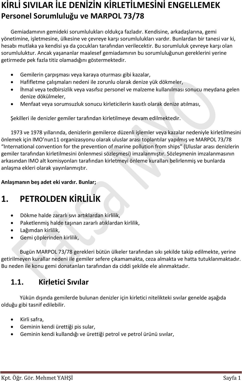 Bu sorumluluk çevreye karşı olan sorumluluktur. Ancak yaşananlar maalesef gemiadamının bu sorumluluğunun gereklerini yerine getirmede pek fazla titiz olamadığını göstermektedir.