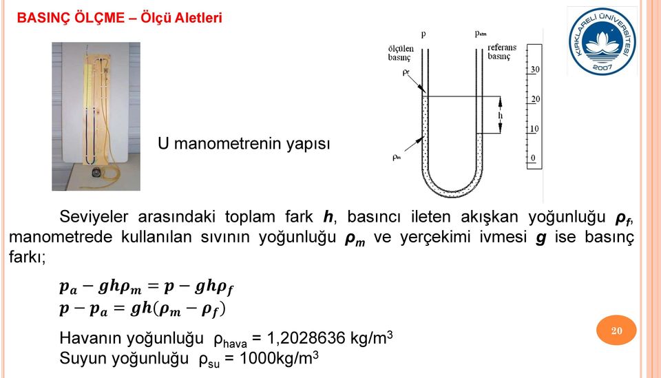 ρ m ve yerçekimi ivmesi g ise basınç farkı; p a ghρ m = p ghρ f p p a = gh(ρ m ρ f