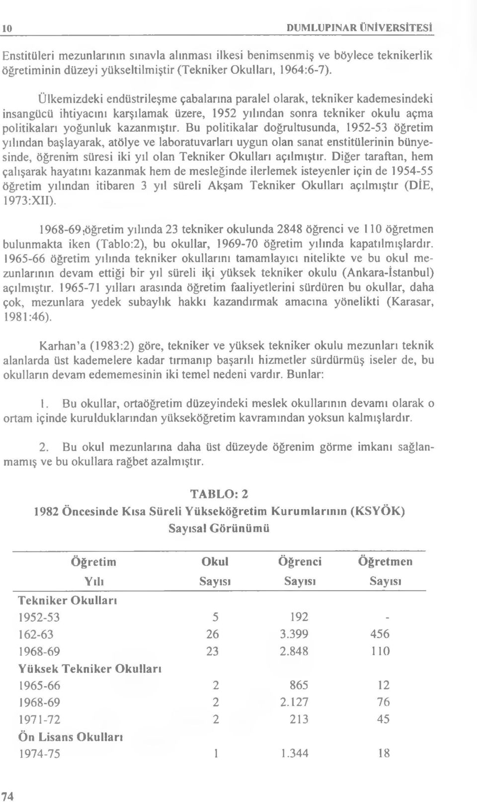 Bu politikalar doğrultusunda, 1952-53 öğretim yılından başlayarak, atölye ve laboratuvarları uygun olan sanat enstitülerinin bünyesinde, öğrenim süresi iki yıl olan Tekniker Okulları açılmıştır.