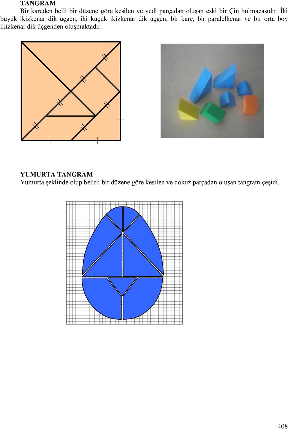 İki büyük ikizkenar dik üçgen, iki küçük ikizkenar dik üçgen, bir kare, bir paralelkenar