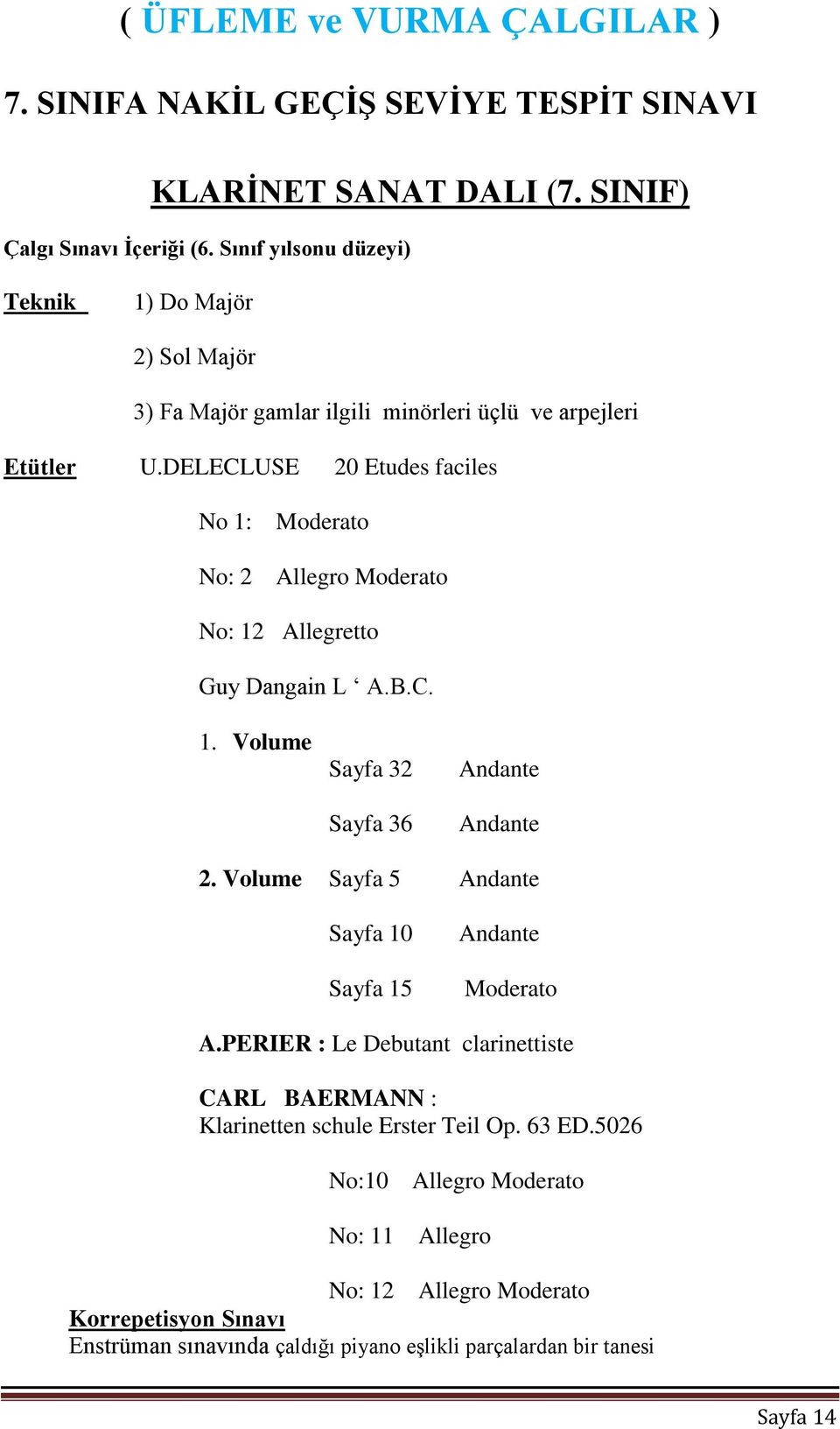 DELECLUSE 20 Etudes faciles No 1: No: 2 Moderato Allegro Moderato No: 12 Allegretto Guy Dangain L A.B.C. 1. Volume Sayfa 32 Sayfa 36 Andante Andante 2.