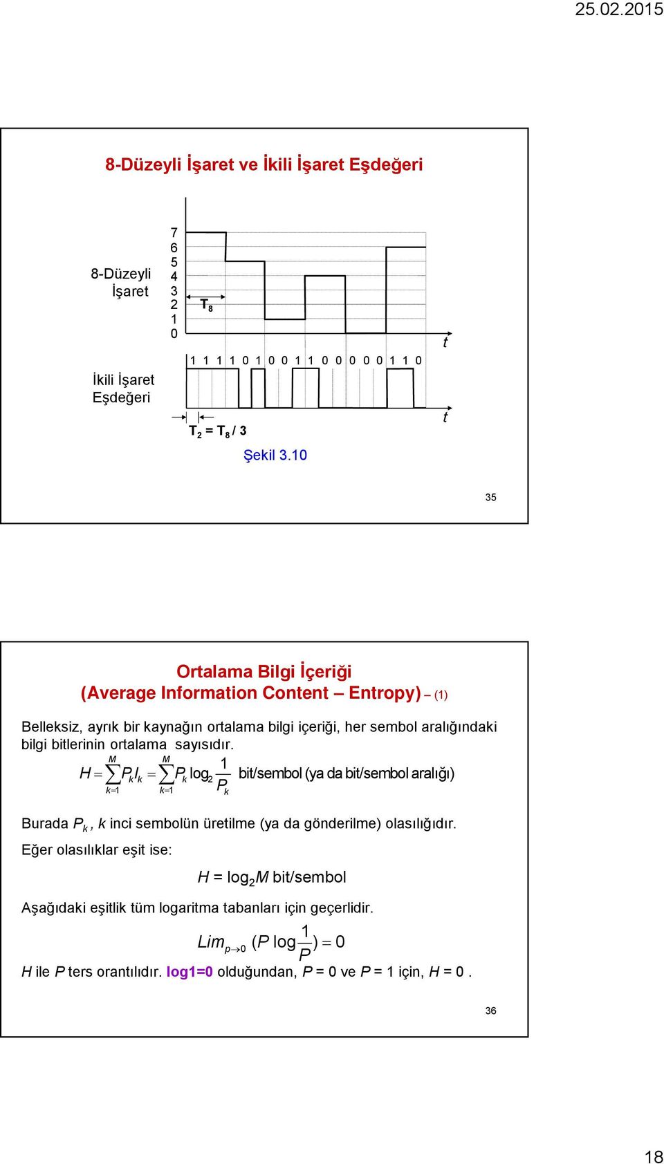 sayısıdır. M M 1 H Pk Ik Pk log 2 bit/sembol(ya da bit/sembol aral ığı) P k 1 k 1 k Burada P k, k inci sembolün üretilme (ya da gönderilme) olasılığıdır.