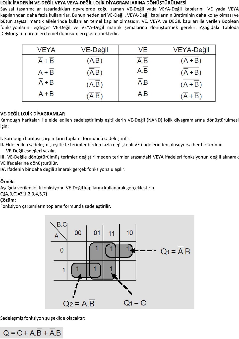 VE, VEYA ve DEĞİL kapıları ile verilen Boolean fonksiyonlarını eşdeğer VE-Değil ve VEYA-Değil mantık şemalarına dönüştürmek gerekir.