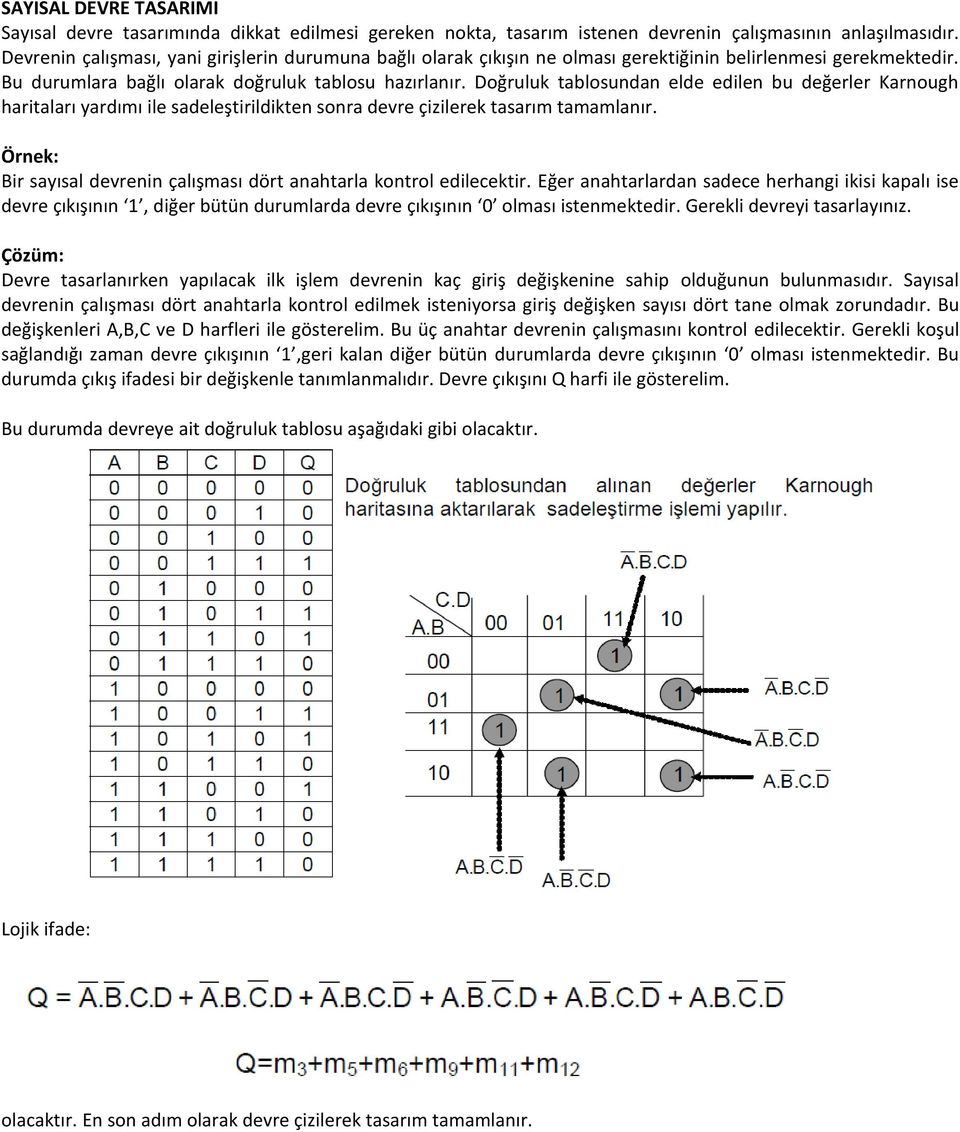 Doğruluk tablosundan elde edilen bu değerler Karnough haritaları yardımı ile sadeleştirildikten sonra devre çizilerek tasarım tamamlanır.