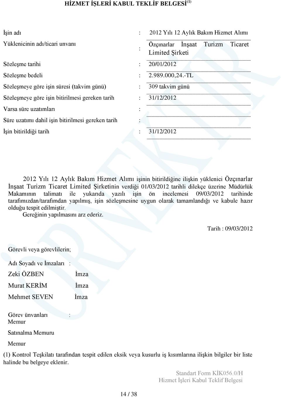 İşin bitirildiği tarih : 31/12/2012 : Özçınarlar İnşaat Turizm Ticaret Limited Şirketi 2012 Yılı 12 Aylık Bakım Hizmet Alımı işinin bitirildiğine ilişkin yüklenici Özçınarlar İnşaat Turizm Ticaret