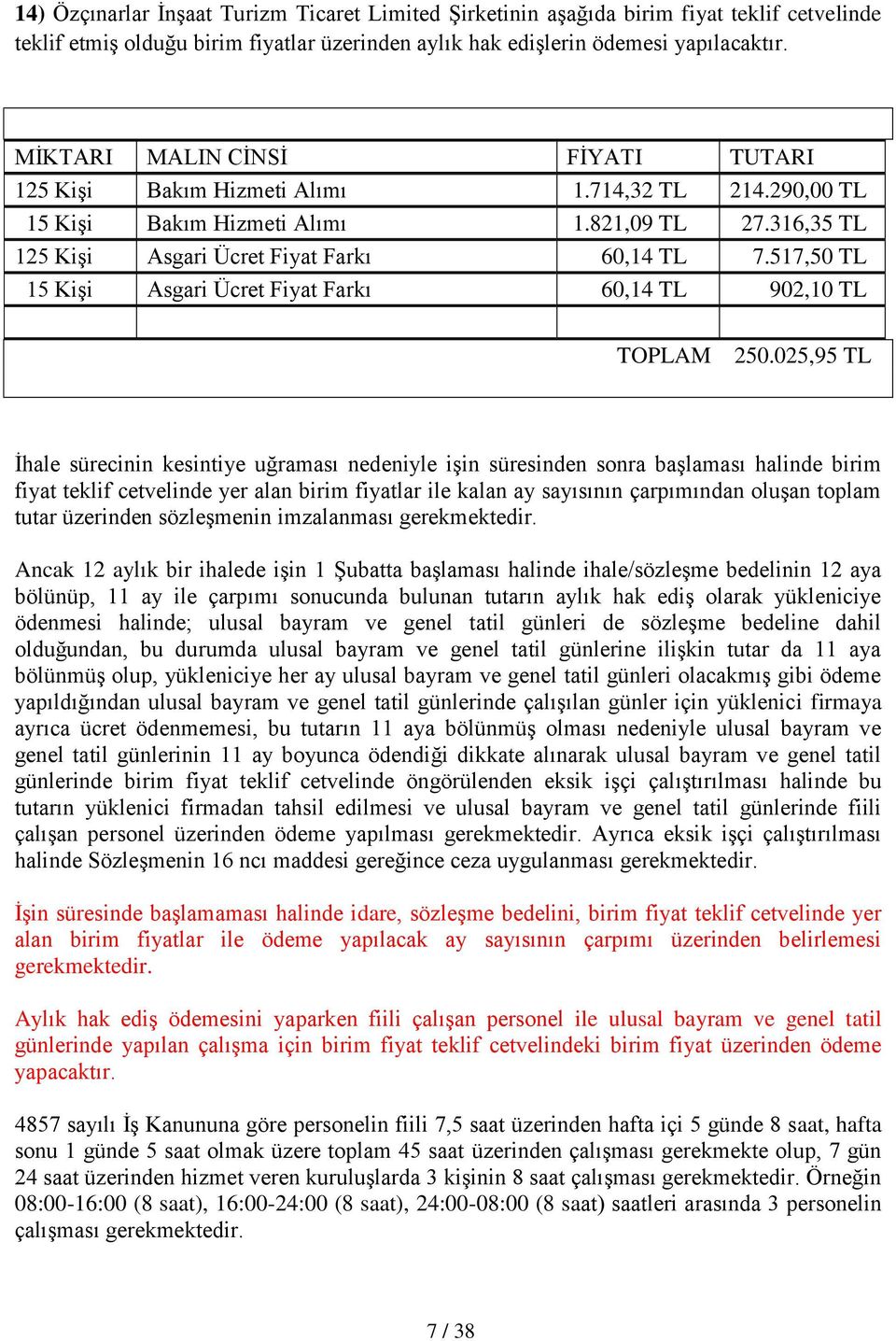 517,50 TL 15 Kişi Asgari Ücret Fiyat Farkı 60,14 TL 902,10 TL TOPLAM 250.