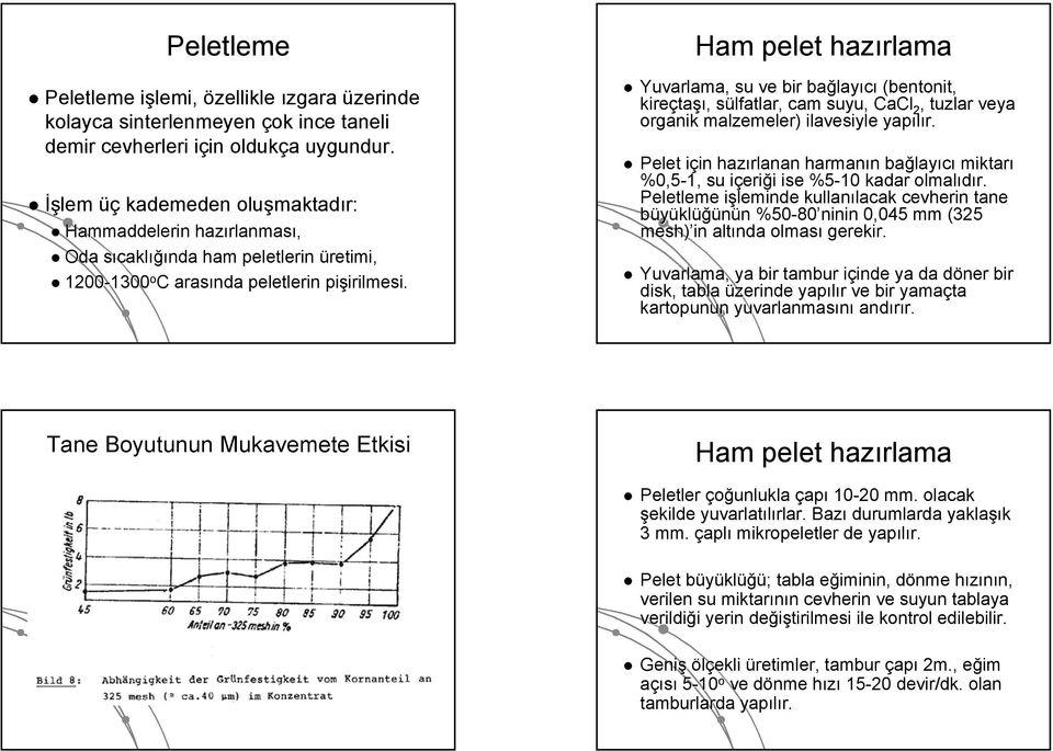 Ham pelet hazırlama Yuvarlama, su ve bir bağlay layıcı (bentonit, kireçta taşı,, sülfatlar, s cam suyu, CaCl 2, tuzlar veya organik malzemeler) ilavesiyle yapılı Pelet için i in hazırlanan harmanın n