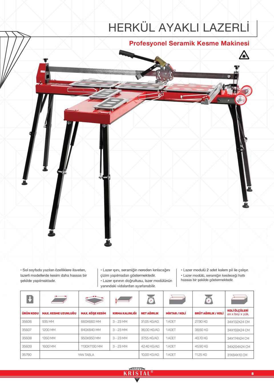 Lazer modulü 2 adet kalem pil ile çalışır. Lazer modülü, seramiğin kesileceği hattı hassas bir şekilde göstermektedir. 35606 935 mm 660x660 mm 31,05 kg/ad.