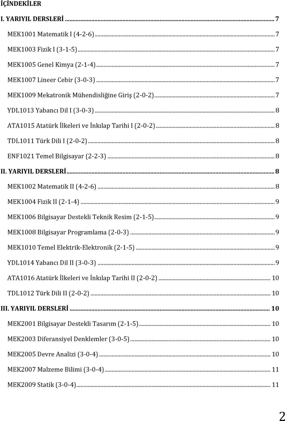 .. 8 ENF1021 Temel Bilgisayar (2-2-3)... 8 II. YARIYIL DERSLERİ... 8 MEK1002 Matematik II (4-2-6)... 8 MEK1004 Fizik II (2-1-4)... 9 MEK1006 Bilgisayar Destekli Teknik Resim (2-1-5).