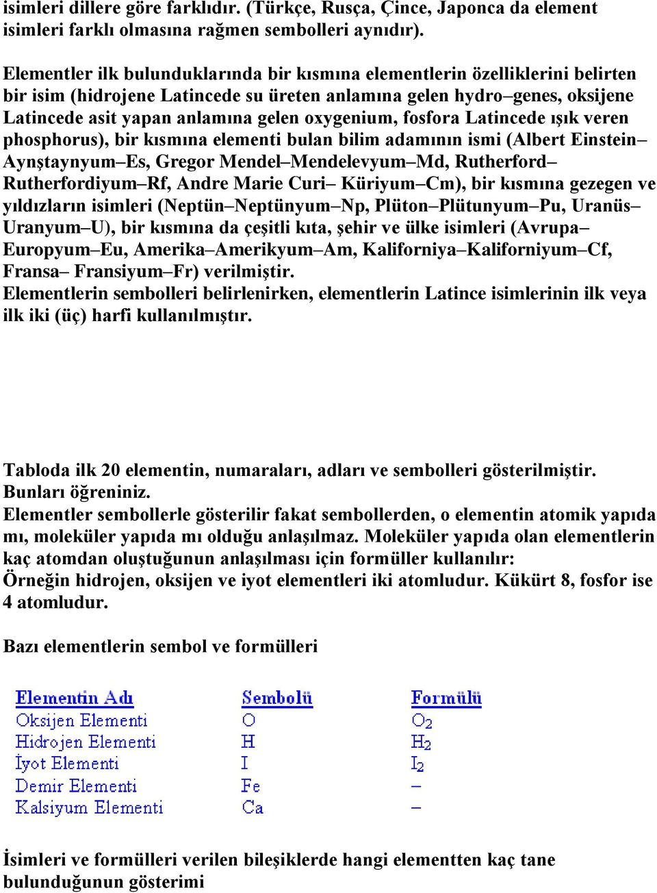 oxygenium, fosfora Latincede ışık veren phosphorus), bir kısmına elementi bulan bilim adamının ismi (Albert Einstein Aynştaynyum Es, Gregor Mendel Mendelevyum Md, Rutherford Rutherfordiyum Rf, Andre